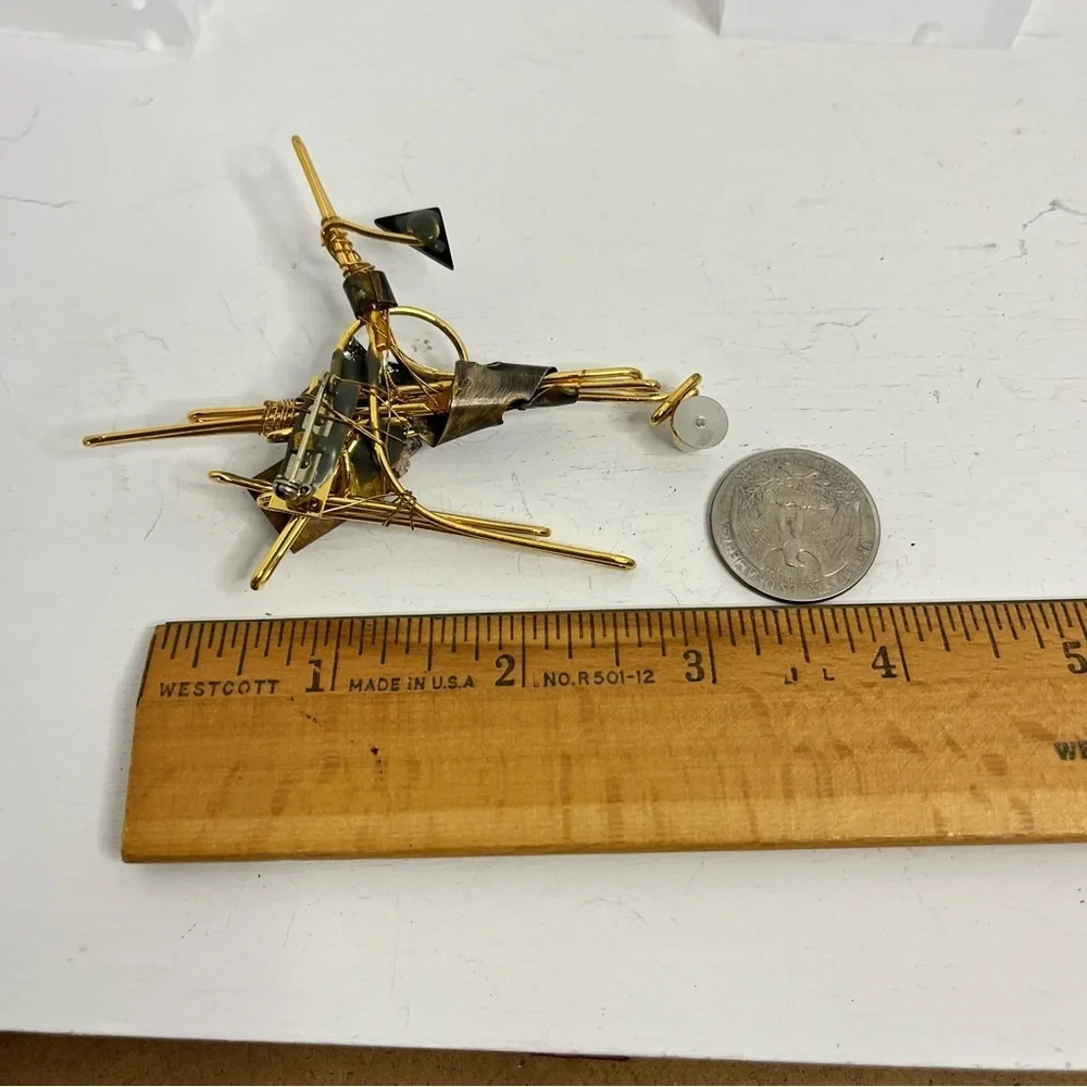 Vintage Takashi Honda Gold Tone and Black Leather Geometric Brooch